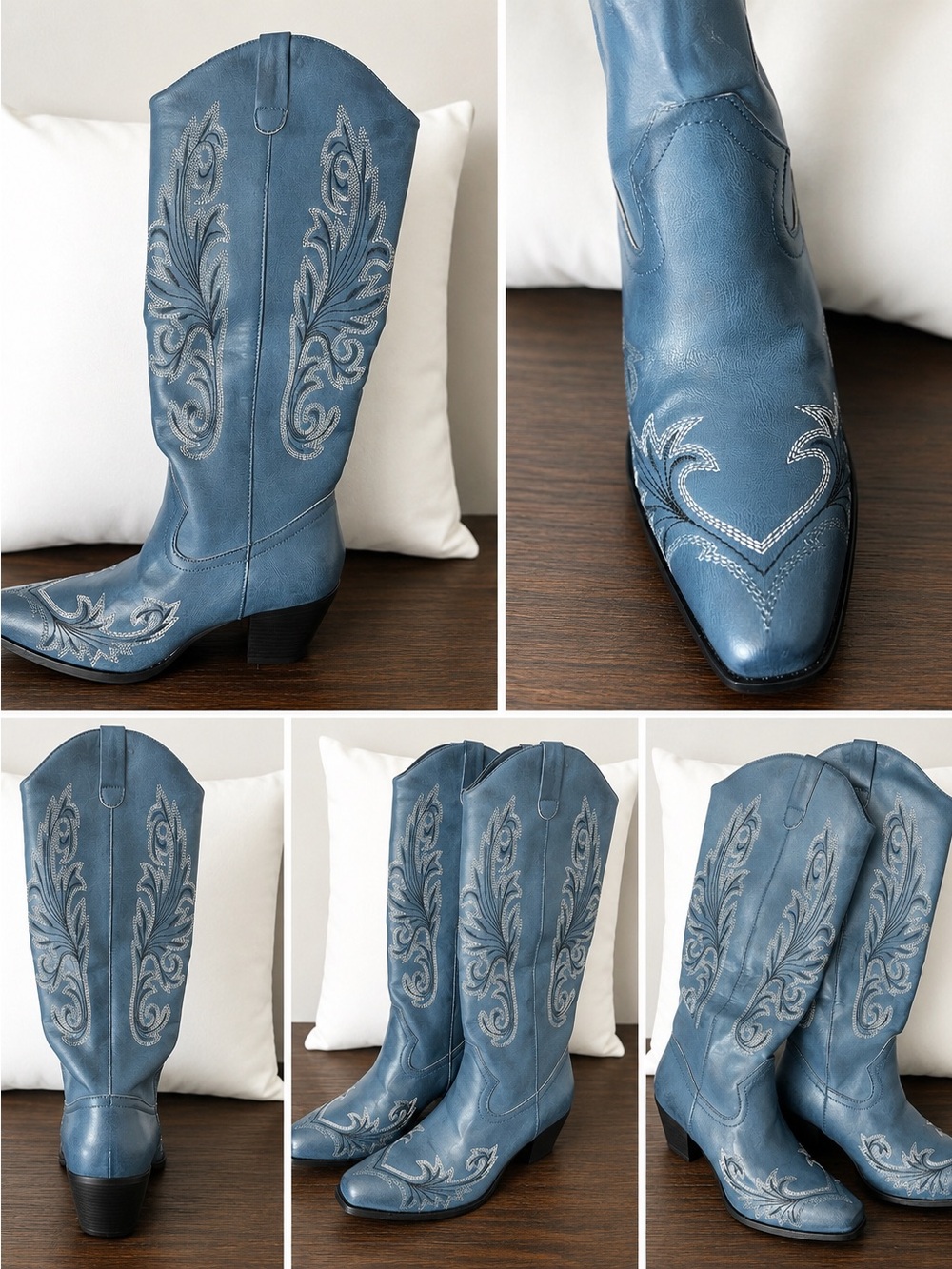 Blue Embroidered Western Leather Boots - Brand: